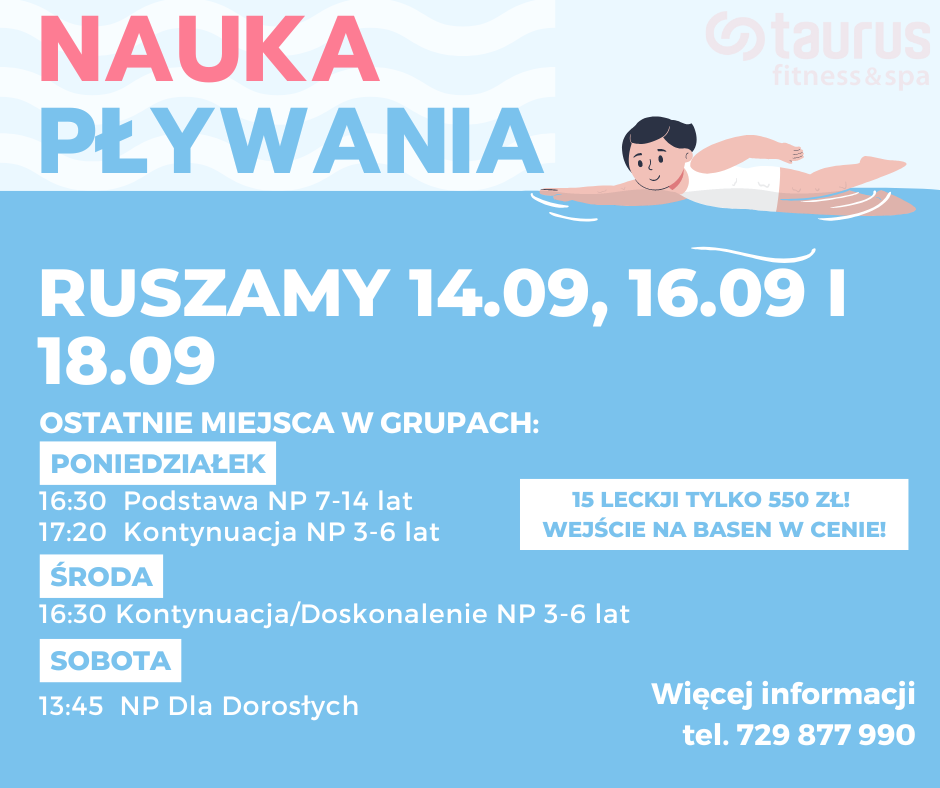 Kursy nauki pływania ruszają 14.09, 16.09 i 18.09!